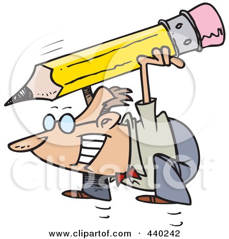Royalty-Free (RF) Clip Art Illustration of a Cartoon Businessman Jumping And Holding A Giant Pencil by toonaday