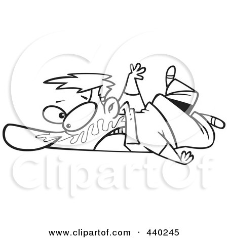 Royalty-Free (RF) Clip Art Illustration of a Cartoon Black And White Outline Design Of A Man Collapsed On The Ground With Bubble Gum In His Face by toonaday