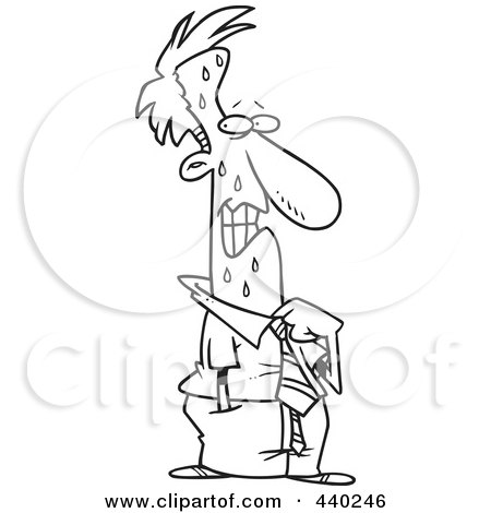 Royalty-Free (RF) Clip Art Illustration of a Cartoon Black And White Outline Design Of A Guilty Businessman Sweating And Loosening His Collar by toonaday