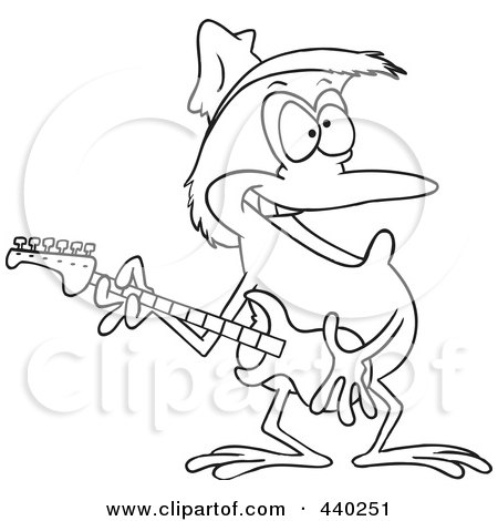 Royalty-Free (RF) Clip Art Illustration of a Cartoon Black And White Outline Design Of A Guitarist Frog Wearing A Straw Hat by toonaday