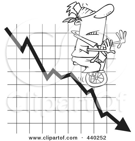 Royalty-Free (RF) Clip Art Illustration of a Cartoon Black And White Outline Design Of A Blindfolded Man Unicycling Down A Graph by toonaday