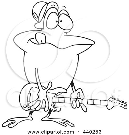 Royalty-Free (RF) Clip Art Illustration of a Cartoon Black And White Outline Design Of A Guitarist Frog by toonaday