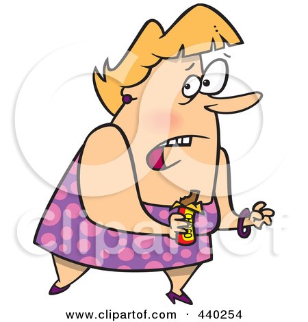 Royalty-Free (RF) Clip Art Illustration of a Cartoon Guilty Overweight Woman Eating A Candy Bar by toonaday