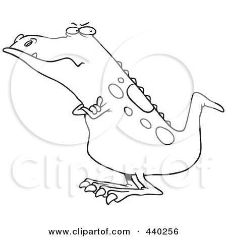 Royalty-Free (RF) Clip Art Illustration of a Cartoon Black And White Outline Design Of A Grumpy Grumposaurus With Folded Arms by toonaday