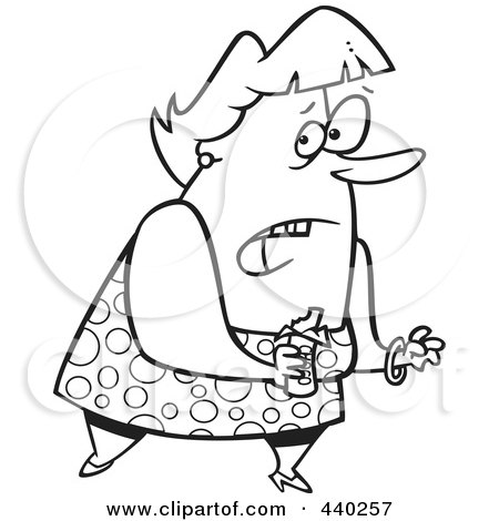 Royalty-Free (RF) Clip Art Illustration of a Cartoon Black And White Outline Design Of A Guilty Overweight Woman Eating A Candy Bar by toonaday