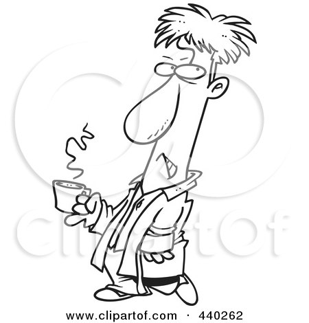Royalty-Free (RF) Clip Art Illustration of a Cartoon Black And White Outline Design Of A Grumpy Man Holding His Cup Of Morning Coffee by toonaday