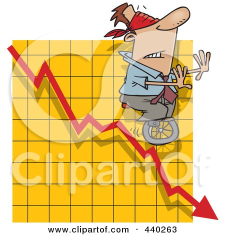 Royalty-Free (RF) Clip Art Illustration of a Cartoon Blindfolded Man Unicycling Down A Graph by toonaday