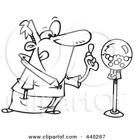 Royalty-Free (RF) Clip Art Illustration of a Cartoon Black And White Outline Design Of A Man Holding Gum By A Gumball Machine by toonaday