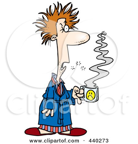 Royalty-Free (RF) Clip Art Illustration of a Cartoon Tired Man With Bad Hair, Holding Coffee by toonaday