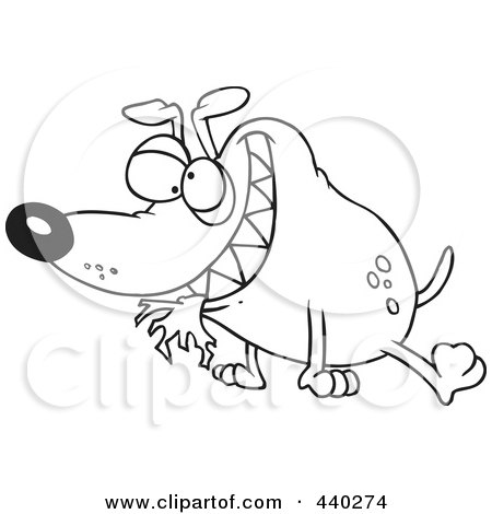 Royalty-Free (RF) Clip Art Illustration of a Cartoon Black And White Outline Design Of A Bad Dog With Cloth In His Mouth by toonaday