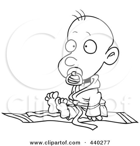 Royalty-Free (RF) Clip Art Illustration of a Cartoon Black And White Outline Design Of A Baby Boy In A Judoka Robe by toonaday