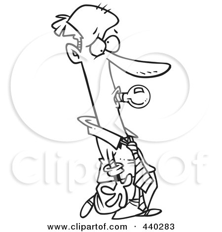Royalty-Free (RF) Clip Art Illustration of a Cartoon Black And White Outline Design Of A Businessman With A Bad Idea Bulb In His Mouth by toonaday