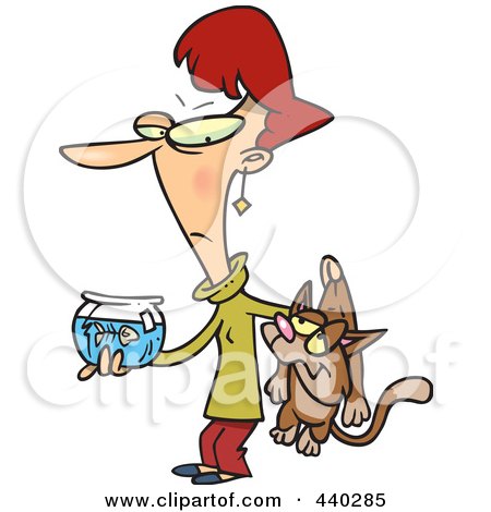 Royalty-Free (RF) Clip Art Illustration of a Cartoon Woman Carrying A Bad Cat And A Dead Fish In A Bowl by toonaday