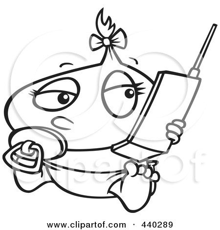 Royalty-Free (RF) Clip Art Illustration of a Cartoon Black And White Outline Design Of A Baby Girl Using A Cell Phone by toonaday