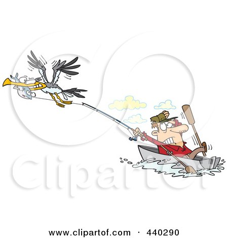 Royalty-Free (RF) Clip Art Illustration of a Cartoon Bad Gull Stealing A Fish From A Fisherman by toonaday