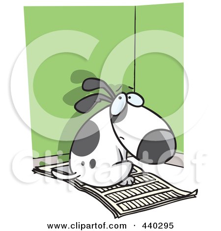 Royalty-Free (RF) Clip Art Illustration of a Cartoon Bad Puppy Sitting On Newspaper In The Corner by toonaday
