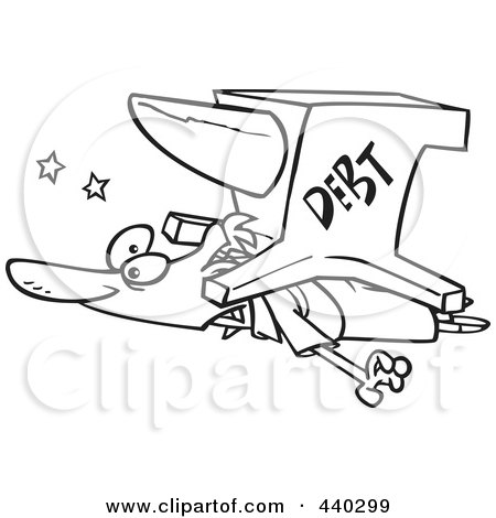 Royalty-Free (RF) Clip Art Illustration of a Cartoon Black And White Outline Design Of A Debt Anvil Crushing A Man by toonaday