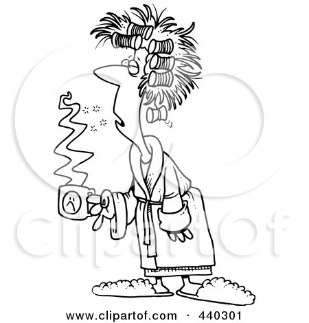 Royalty-Free (RF) Clip Art Illustration of a Cartoon Black And White Outline Design Of A Tired Woman With Bad Hair, Holding Coffee by toonaday