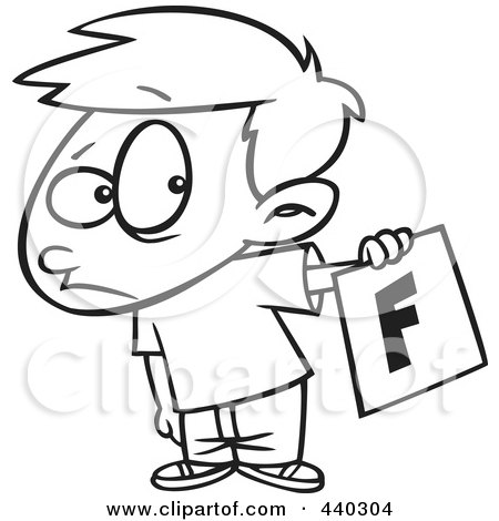 Royalty-Free (RF) Clip Art Illustration of a Cartoon Black And White Outline Design Of A Nervous School Boy Holding Out A Bad Report Card by toonaday