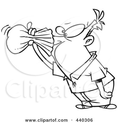 Royalty-Free (RF) Clip Art Illustration of a Cartoon Black And White Outline Design Of A Nauseous Man Breathing Into A Paper Bag by toonaday