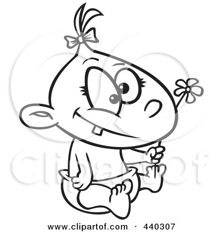 Royalty-Free (RF) Clip Art Illustration of a Cartoon Black And White Outline Design Of A Baby Girl Holding A Flower by toonaday