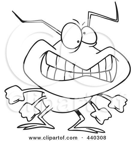 Royalty-Free (RF) Clip Art Illustration of a Cartoon Black And White Outline Design Of A Grinning Bad Bug by toonaday