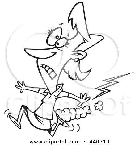 Royalty-Free (RF) Clip Art Illustration of a Cartoon Black And White Outline Design Of A Businesswoman Running From Bad Karma by toonaday
