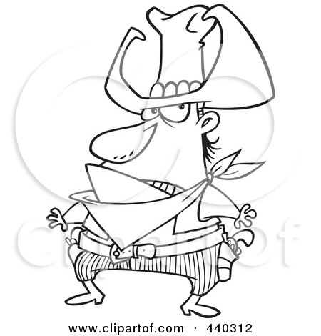 Royalty-Free (RF) Clip Art Illustration of a Cartoon Black And White Outline Design Of A Bad Cowboy Ready To Draw His Guns by toonaday