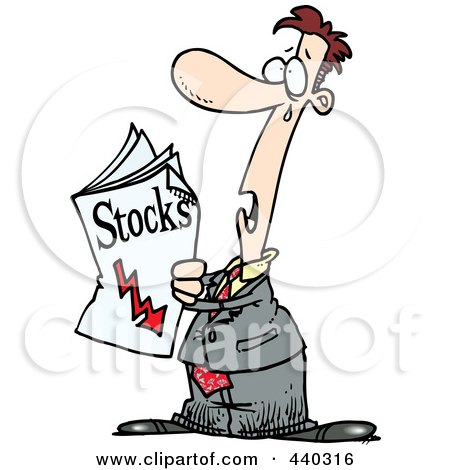 Royalty-Free (RF) Clip Art Illustration of a Cartoon Man Reading Bad News In The Stocks Pages by toonaday
