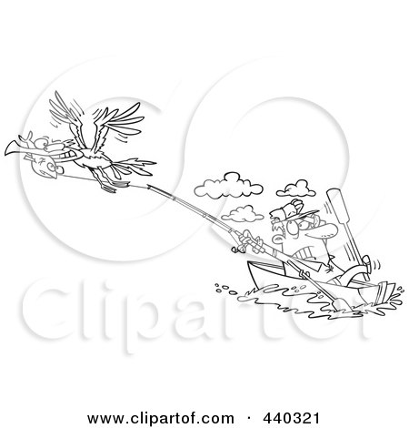 Royalty-Free (RF) Clip Art Illustration of a Cartoon Black And White Outline Design Of A Bad Gull Stealing A Fish From A Fisherman by toonaday