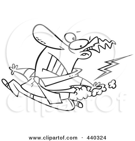 Royalty-Free (RF) Clip Art Illustration of a Cartoon Black And White Outline Design Of A Businessman Running From Bad Karma by toonaday