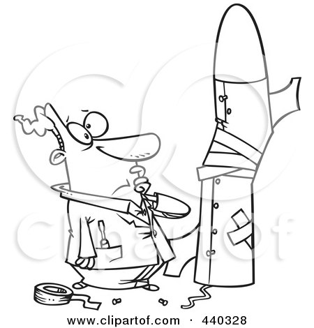 Royalty-Free (RF) Clip Art Illustration of a Cartoon Black And White Outline Design Of A Man Building A Bad Rocket by toonaday