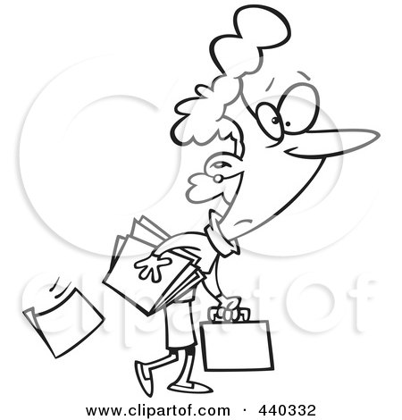 Royalty-Free (RF) Clip Art Illustration of a Cartoon Black And White Outline Design Of A Businesswoman Dropping Paperwork by toonaday