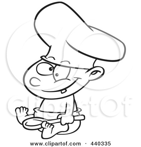 Royalty-Free (RF) Clip Art Illustration of a Cartoon Black And White Outline Design Of A Baby Boy Chef Wearing A Hat And Holding A Spoon by toonaday