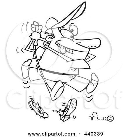Royalty-Free (RF) Clip Art Illustration of a Cartoon Black And White Outline Design Of A Bad Golfer Swinging by toonaday