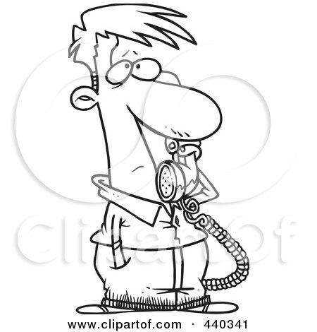 Royalty-Free (RF) Clip Art Illustration of a Cartoon Black And White Outline Design Of A Man Receiving Bad News On The Phone by toonaday