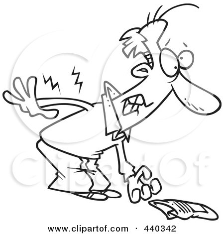 Royalty-Free (RF) Clip Art Illustration of a Cartoon Black And White Outline Design Of A Man Picking Up A Newspaper And Hurting His Back by toonaday