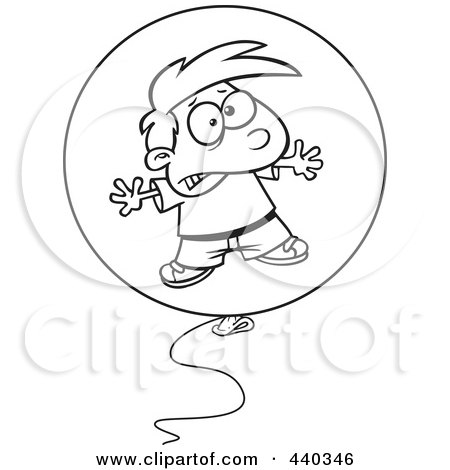 Royalty-Free (RF) Clip Art Illustration of a Cartoon Black And White Outline Design Of A Boy Floating In A Bad Balloon by toonaday