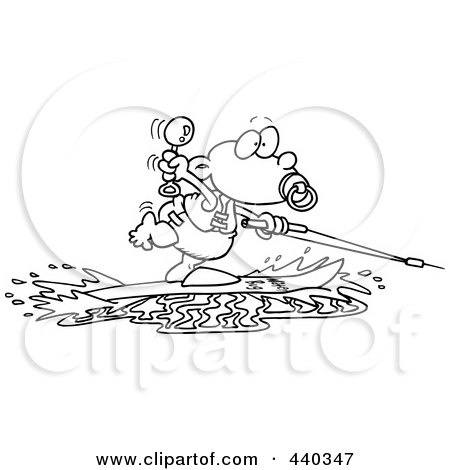 Royalty-Free (RF) Clip Art Illustration of a Cartoon Black And White Outline Design Of A Baby Boy Water Skiing by toonaday