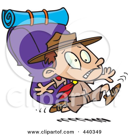 Royalty-Free (RF) Clip Art Illustration of a Cartoon Boy Scout Running With A Big Back Pack by toonaday