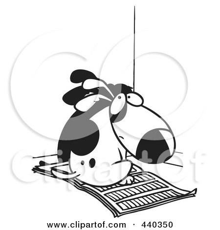 Royalty-Free (RF) Clip Art Illustration of a Cartoon Black And White Outline Design Of A Bad Puppy Sitting On Newspaper In The Corner by toonaday
