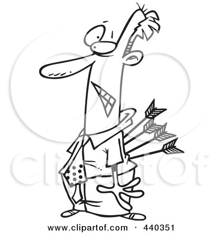 Royalty-Free (RF) Clip Art Illustration of a Cartoon Black And White Outline Design Of A Businessman Stabbed In The Back With Arrows by toonaday
