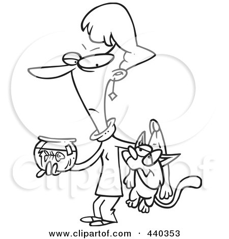 Royalty-Free (RF) Clip Art Illustration of a Cartoon Black And White Outline Design Of A Woman Carrying A Bad Cat And A Dead Fish In A Bowl by toonaday