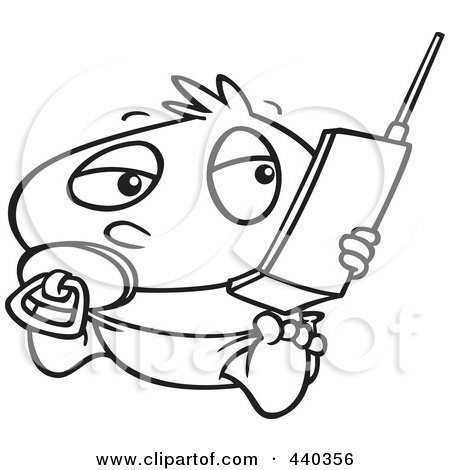 Royalty-Free (RF) Clip Art Illustration of a Cartoon Black And White Outline Design Of A Baby Boy Using A Cell Phone by toonaday