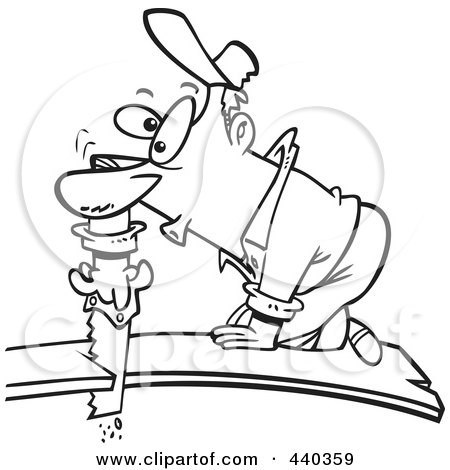 Royalty-Free (RF) Clip Art Illustration of a Cartoon Black And White Outline Design Of A Bad Carpenter Cutting Himself Off Of A Board by toonaday