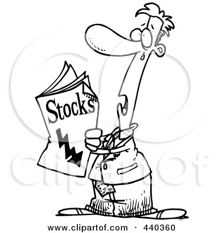 Royalty-Free (RF) Clip Art Illustration of a Cartoon Black And White Outline Design Of A Man Reading Bad News In The Stocks Pages by toonaday