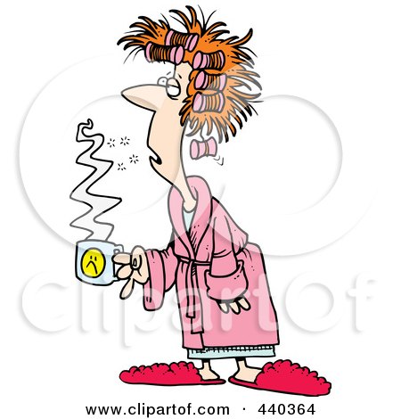 Royalty-Free (RF) Clip Art Illustration of a Cartoon Tired Woman With Bad Hair, Holding Coffee by toonaday
