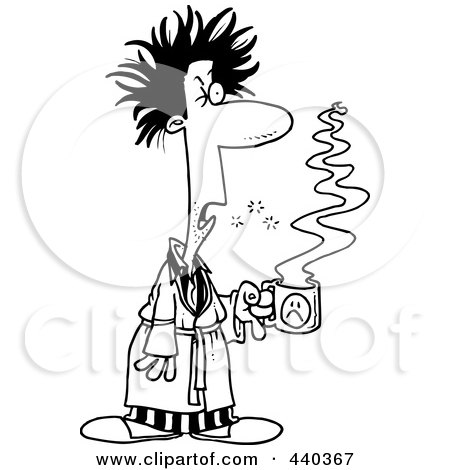 Royalty-Free (RF) Clip Art Illustration of a Cartoon Black And White Outline Design Of A Tired Man With Bad Hair, Holding Coffee by toonaday