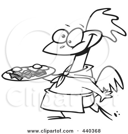 Royalty-Free (RF) Clip Art Illustration of a Cartoon Black And White Outline Design Of A Chicken Carrying A Plate Of Eggs And Bacon by toonaday