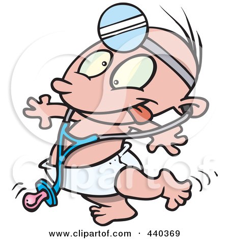 Royalty-Free (RF) Clip Art Illustration of a Cartoon Baby Doctor Wearing A Stethoscope And Head Lamp by toonaday